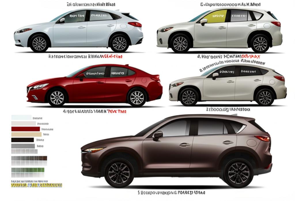 Minh họa các loại phim cách nhiệt trên xe ô tô 4 chỗ và 5 chỗ như Vios, Mazda 3, CX5, với các khu vực kính lái, sườn, hậu được dán các mã phim khác nhau.