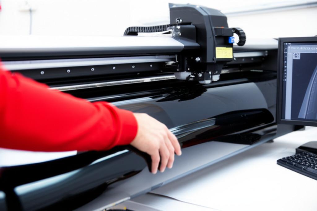 Kỹ thuật viên XEXAUTO.VN cắt phim cách nhiệt bằng máy tính, đảm bảo độ chính xác và tiết kiệm vật liệu