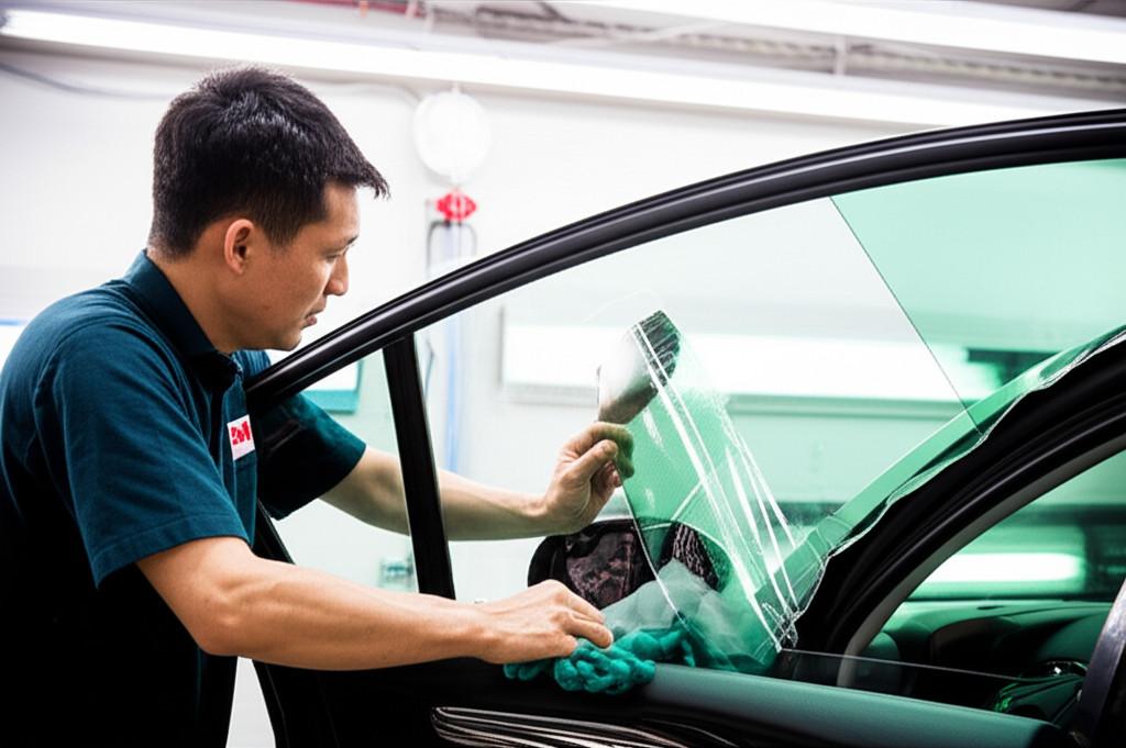 Kỹ thuật viên đang dán phim cách nhiệt 3M Crystalline lên kính ô tô trong một môi trường chuyên nghiệp