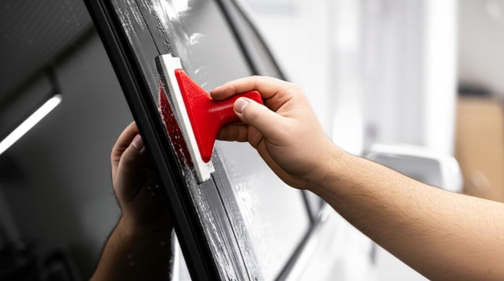 Quy trình gạt phim cách nhiệt chuyên nghiệp, loại bỏ bọt khí và nước thừa, đảm bảo độ bám dính hoàn hảo