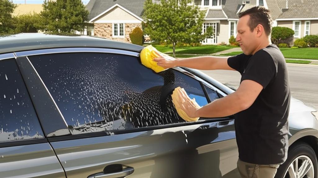 Người đàn ông rửa xe ô tô mới dán phim cách nhiệt, tránh xịt nước vào kính