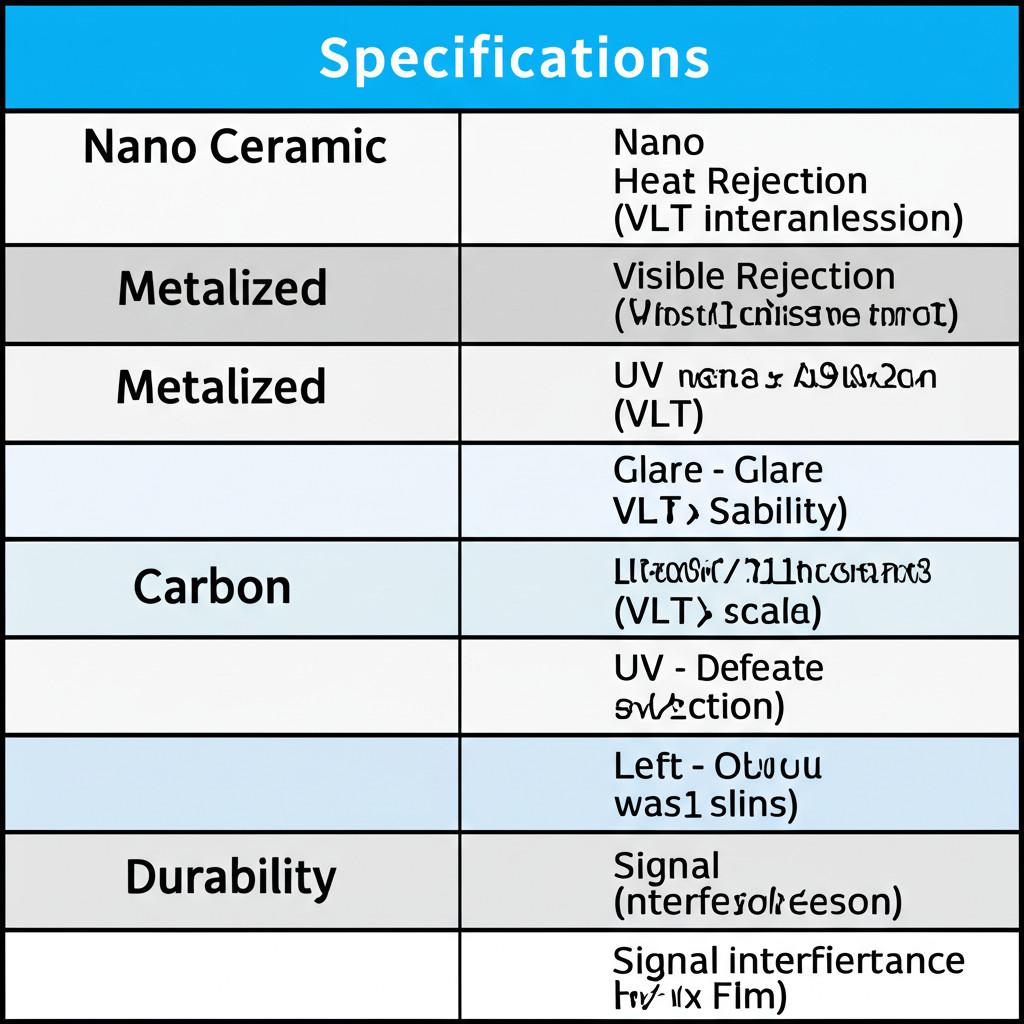 Bảng so sánh chi tiết các thông số của phim cách nhiệt Nano Ceramic, Metalized và Carbon cho ô tô.