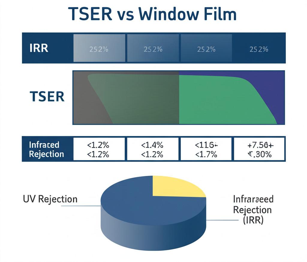 So sánh trực quan TSER và IRR trên bảng thông số phim cách nhiệt ô tô, minh họa TSER là chỉ số toàn diện hơn
